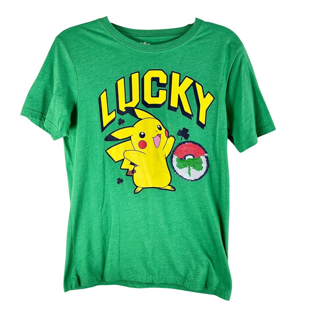 Pokemon Pikachu Lucky Graphic T Shirt Green Sequin Patch XL Kidcore Gamer Y2k